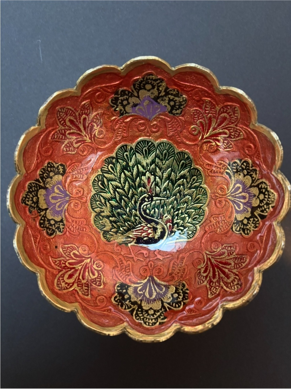 Hand-Painted Scalloped Cloisonné Bowl with Peacock Motif - Red & Green
